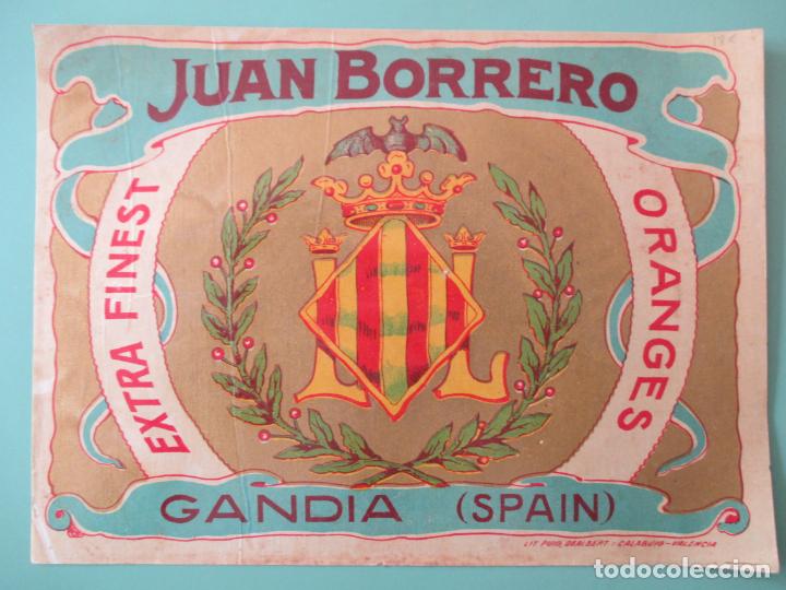 Old Labels: ETIQUETA DE NARANJAS. JUAN BORRERO. GANDIA. SPAIN. ORANGES. EXTRA FINEST. 19 X 26 CM