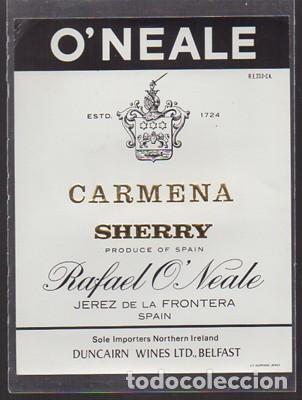 Etiquetas antiguas: ETIQUETA DE VINO CARMENA SHERRY - RAFAEL O'NEALE, JEREZ DE LA FRONTERA - ET-1681,13