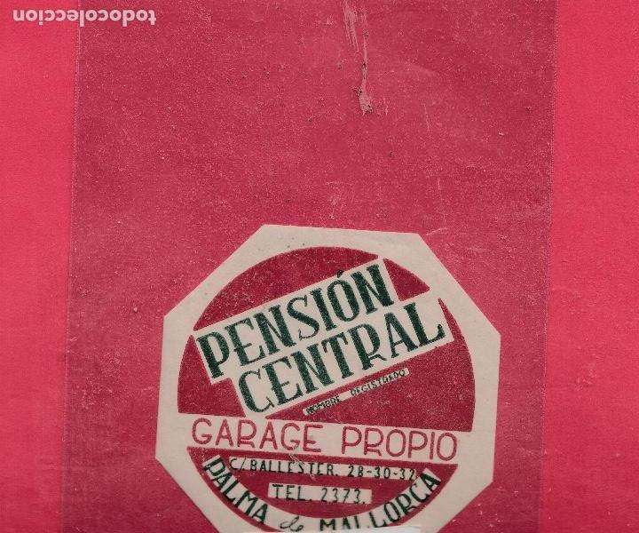Etiquetas antiguas: Etiqueta Hotel ESPA&Ntilde;A PENSION CENTRAL PALMA MALLORCA DATADA 40/45 TROQUEL 80 MM COLA EH 0119006