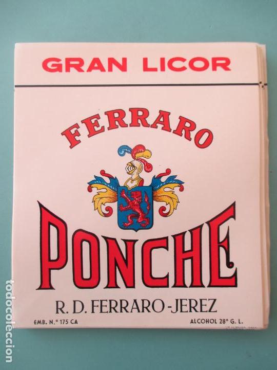 Old Labels: LOTE DE 50 ETIQUETAS DE GRAN LICOR FERRARO. PONCHE. JEREZ. 12 X 10.5 CM