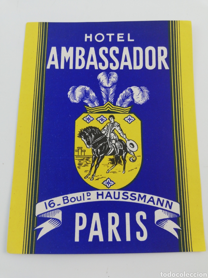 Etiquetas antiguas: ANTIGUA ETIQUETA HOTEL AMBASSADOR, PARIS FRANCIA, LUGGAGE LABEL.