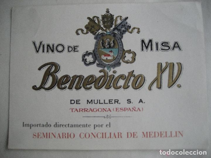 Old Labels: De Muller. Tarragona. Benedicto XV. Etiqueta. 13 x 10 cms. Seminario Conciliar de Medellin.