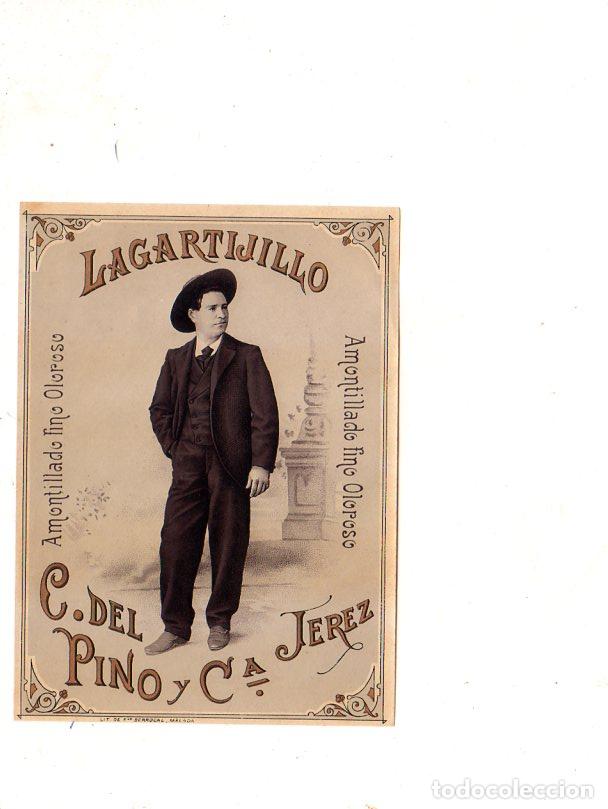 Old Labels: ETIQUETA DE VINO. LAGARTIJILLO. AMONTILLADO FINO OLOROSO. C. DEL PINO Y C&ordf; JEREZ.