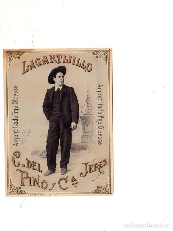 Old Labels: ETIQUETA DE VINO. LAGARTIJILLO. AMONTILLADO FINO OLOROSO. C. DEL PINO Y C&ordf; JEREZ.