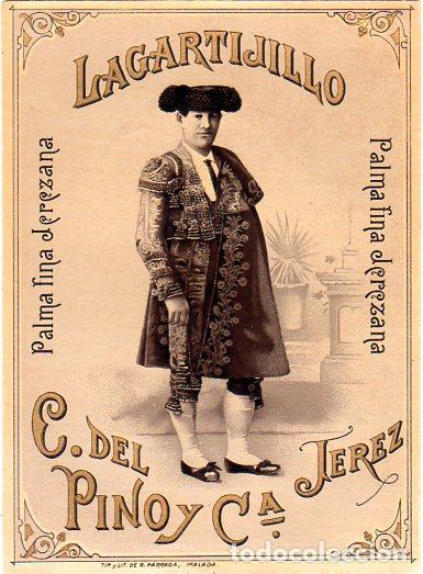&Eacute;tiquettes anciennes: ETIQUETA DE VINO. LAGARTIJILLO. PALMA FINA JEREZANA. C. DEL PINO Y C&ordf; JEREZ. MEDIDAS : 14 X 10 CM.