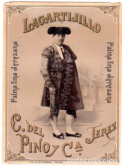 Old Labels: ETIQUETA DE VINO. LAGARTIJILLO. PALMA FINA JEREZANA. C. DEL PINO Y C&ordf; JEREZ. MEDIDAS : 14 X 10 CM.