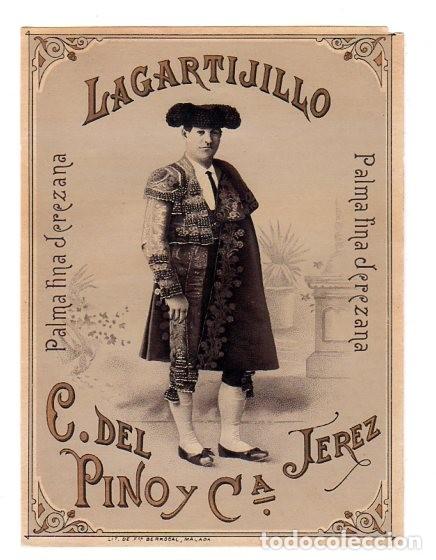 Old Labels: ETIQUETA DE VINO. LAGARTIJILLO. PALMA FINA JEREZANA. C. DEL PINO Y C&ordf; JEREZ. MEDIDAS : 14 X 10 CM.