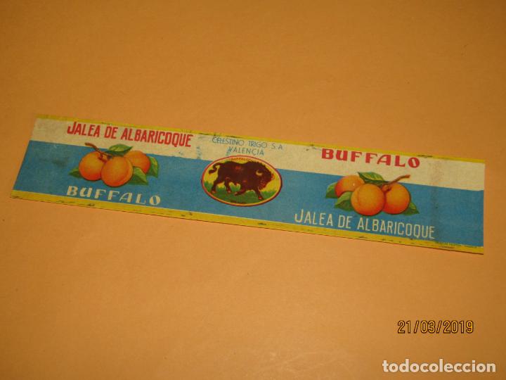 Etiquetas antiguas: Antigua Etiqueta de Jalea de Albaricoque BUFFALO de Celestino Trigo en Valencia - A&ntilde;o 1950-60s.