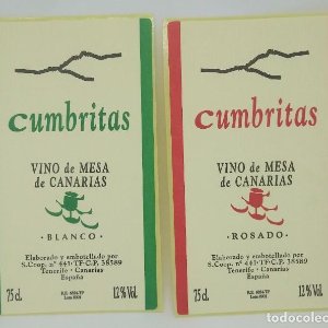 2 etiquetas Cumbritas. Vino de mesa de Canarias. Tenerife, Etiquetas / pegatina sin pegar 12x7cm