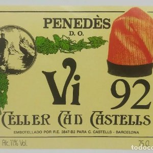 Penedès D.O. Vi 92 Celler Can Castells Etiqueta nunca pegada en botella 12x9cm