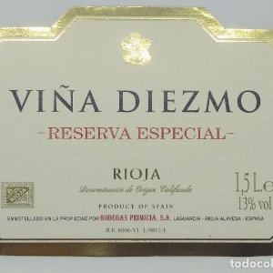 Viña Diezmo Reserva especial Bodegas Primicia. Laguardia. Rioja Alavesa. Etiqueta impecable 11x7,5cm