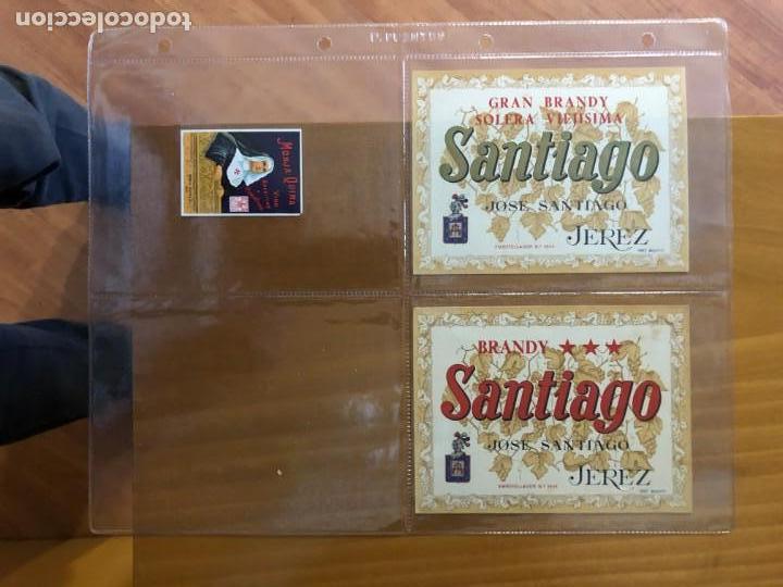 Etiquetas antiguas: ETIQUETAS DE BEBIDAS MONJA QUINA Y SANTIAGO BRANDY JEREZ DOS COLORES