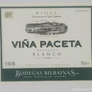 Viña Paceta Malvasia 1996 Bodegas Bilbainas. Haro. Rioja Nunca pegada en botella. Impecable estado