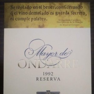 Mayor de Ondarre 1992 reserva. Rioja. Bodegas Ondarre S.A. Don Quijote Etiqueta impecable 11,3x9cm
