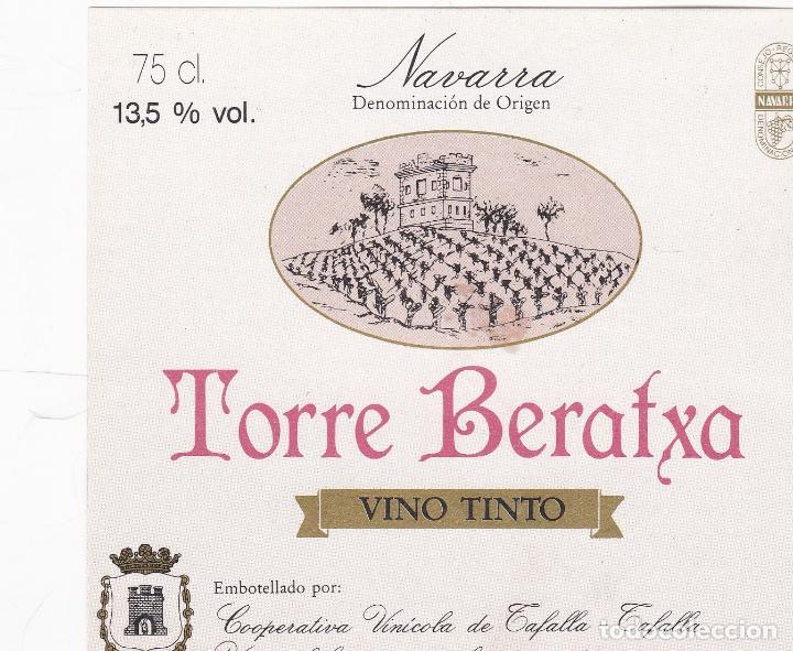 Etichette antiche: Etiquetas vinos. Torre Beratxa. Vino Tinto. Cooperativa Vin&iacute;cola de Tafalla. Navarra. Espa&ntilde;a