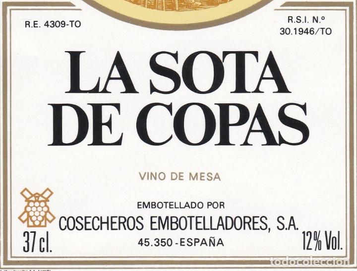 Etichette antiche: Etiquetas vinos. La Sota de Copas. Vino de mesa. Cosecheros embotelladores S.A. Espa&ntilde;a