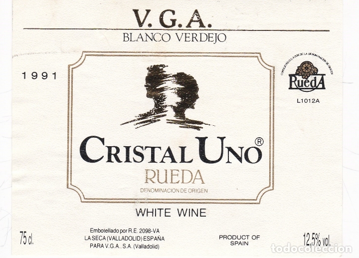 Etichette antiche: Etiquetas vinos. Cristal Uno. Rueda Blanco Verdejo 1991. Valladolid. Espa&ntilde;a