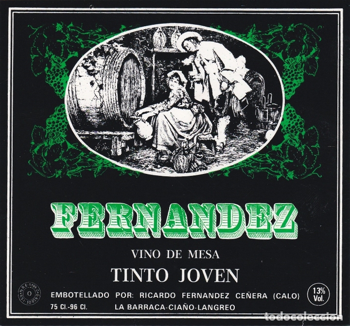 Alte Etiketten: Etiquetas vinos. Fernandez. Vino de mesa. Tinto joven. Ricardo Fernandez Ce&ntilde;era. Langreo