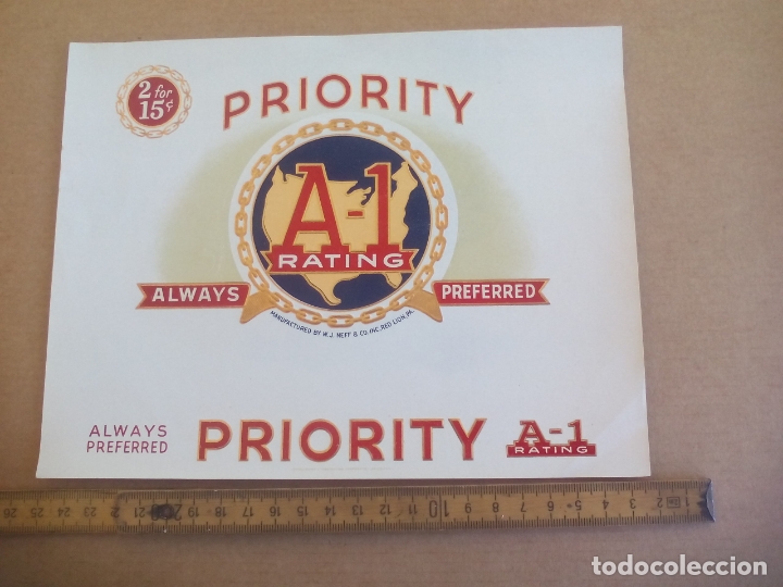 Etiquetas antiguas: PRIORITY A-1. RATING W.J NEFF ANTIGUA ETIQUETA DE CAJA DE PUROS O CIGARROS. Cigar Box Label. VITOLA