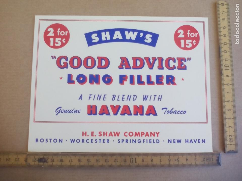 Etiquetas antiguas: SHAW'S TOOD ADVICE LONG FILLER. ANTIGUA ETIQUETA DE CAJA DE PUROS CIGARROS Cigar Box Label VITOLA
