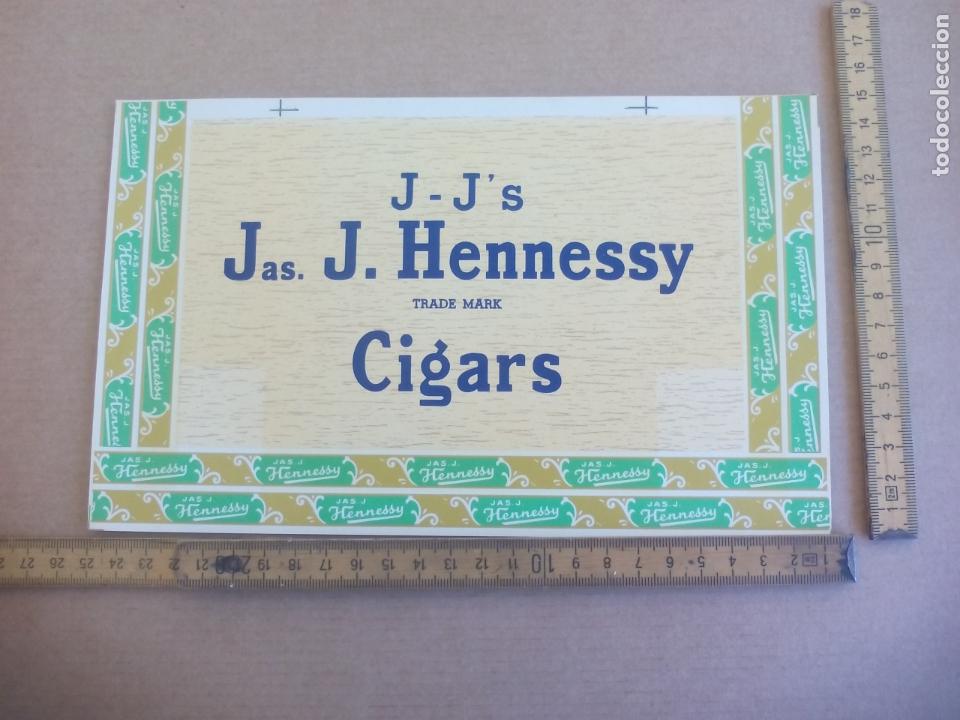 Etiquetas antiguas: J-J'S JAS. JO. HENNESSY CIGAS. ETIQUETA DE CAJA DE PUROS CIGARROS Cigar Box Label VITOLA