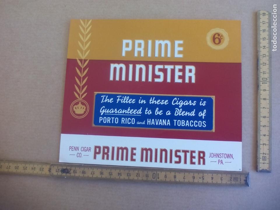 Etiquetas antiguas: PRIME MINISTER. ANTIGUA ETIQUETA DE CAJA DE PUROS CIGARROS Cigar Box Label VITOLA