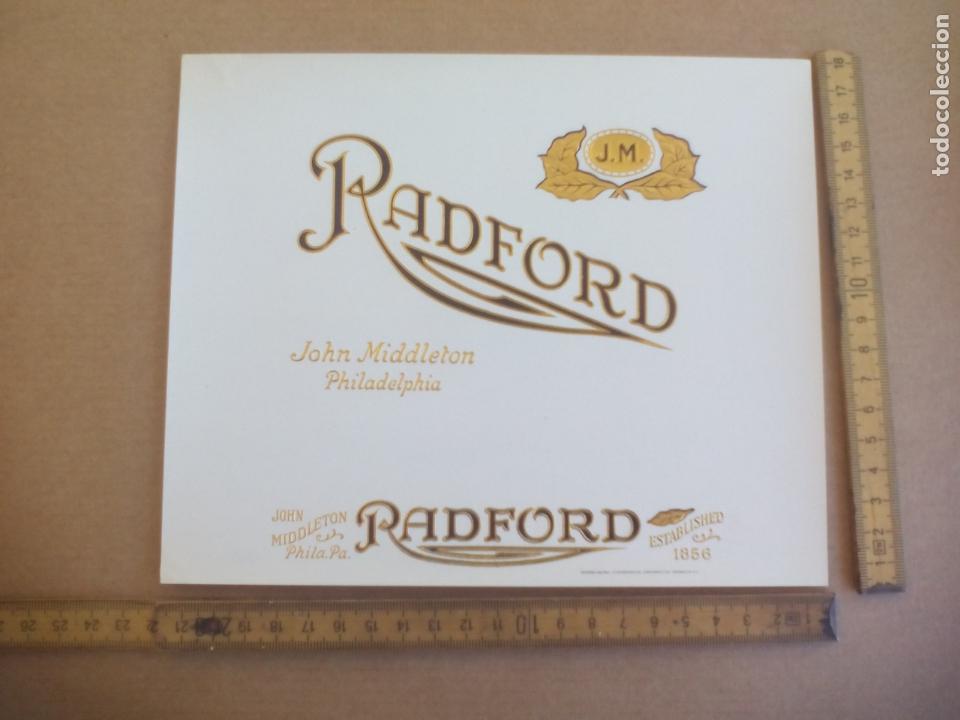 Etiquetas antiguas: RADFORD JOHN MIDDLETON PHILADELPHIA J.M. ETIQUETA DE CAJA DE PUROS CIGARROS Cigar Box Label VITOLA