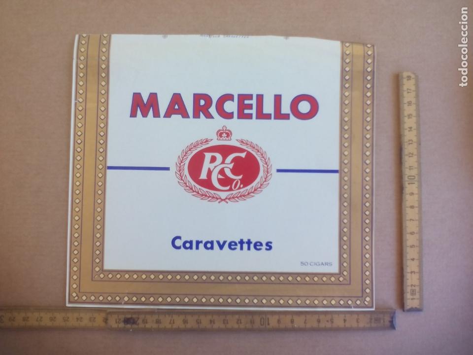Etiquetas antiguas: marcello caravettes rcc. ETIQUETA DE CAJA DE PUROS CIGARROS Cigar Box Label VITOLA