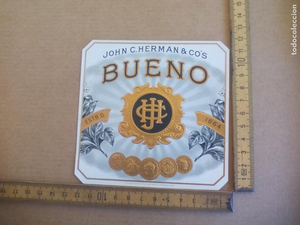 Etiquetas antiguas: JOHN C. HERMAN & CO'S BUENO. ANTIGUA ETIQUETA DE CAJA DE PUROS CIGARROS Cigar Box Label VITOLA