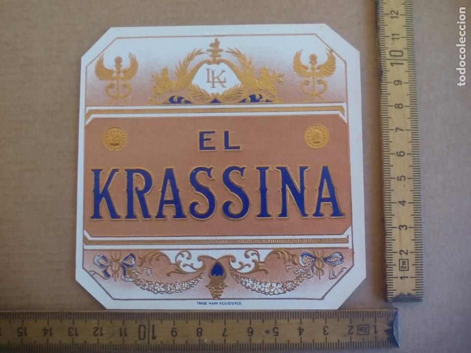 Etiquetas antiguas: EL KRASSINA. ANTIGUA ETIQUETA DE CAJA DE PUROS CIGARROS Cigar Box Label VITOLA