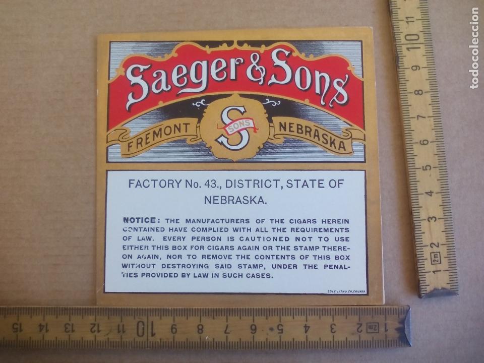 Etiquetas antiguas: SEAGER & SONS NEBRASKA FREMONT . ANTIGUA ETIQUETA DE CAJA DE PUROS CIGARROS Cigar Box Label VITOLA