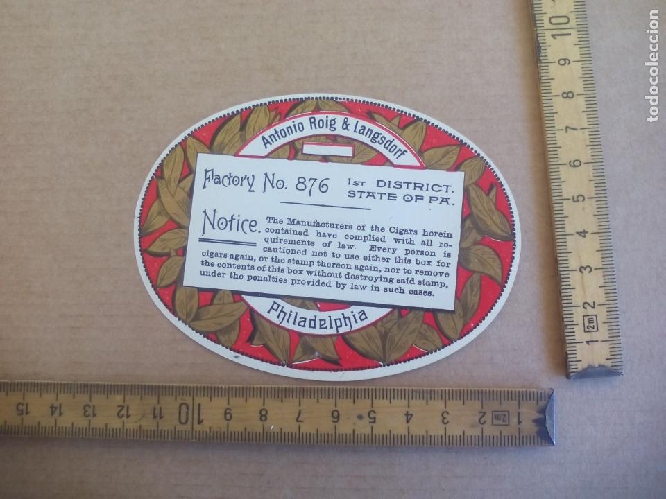 Etiquetas antiguas: ANTONIO ROIG & LANGSDORF PHILADEPH ANTIGUA ETIQUETA DE CAJA DE PUROS CIGARROS Cigar Box Label VITOLA