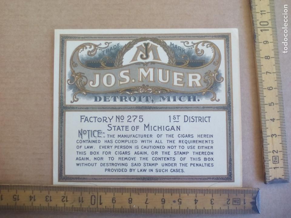 Etiquetas antiguas: JOS. MUER DETROIT ANTIGUA ETIQUETA DE CAJA DE PUROS CIGARROS Cigar Box Label VITOLA