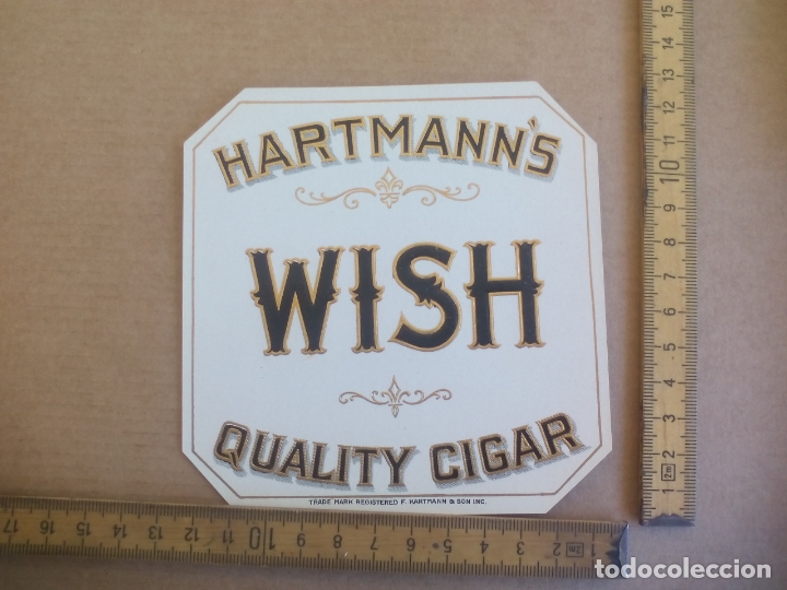 Etiquetas antiguas: HARTMANN'S WISH.QUALITY CIGAR. ANTIGUA ETIQUETA DE CAJA DE PUROS CIGARROS Cigar Box Label VITOLA