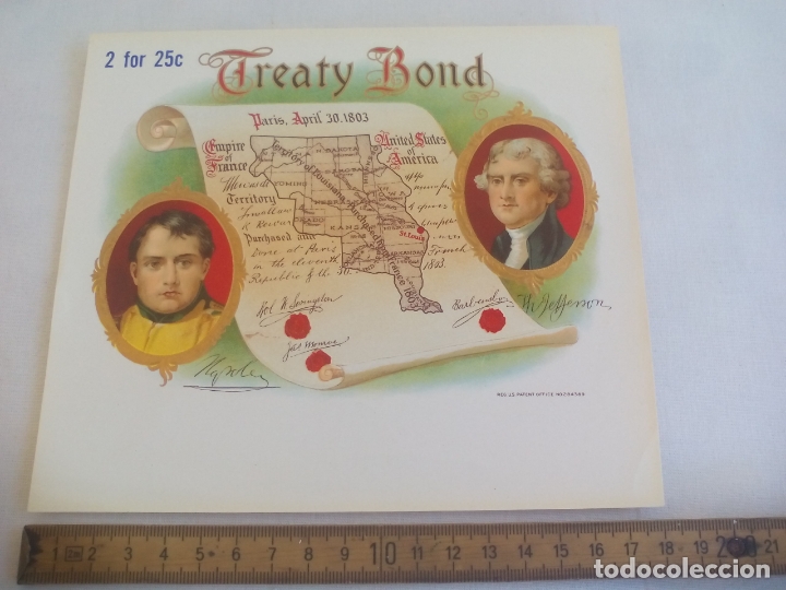 Etiquetas antiguas: TREATY BOND 2 FOR 25c. HABILITACI&Oacute;N BOFETON DE CAJA DE PUROS Cigar Box Label VITOLA