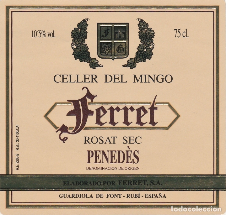 Alte Etiketten: Etiquetas vinos. Ferret. Rosat Sec. Ferret S.A. Pened&eacute;s. Celler del Mingo. Espa&ntilde;a
