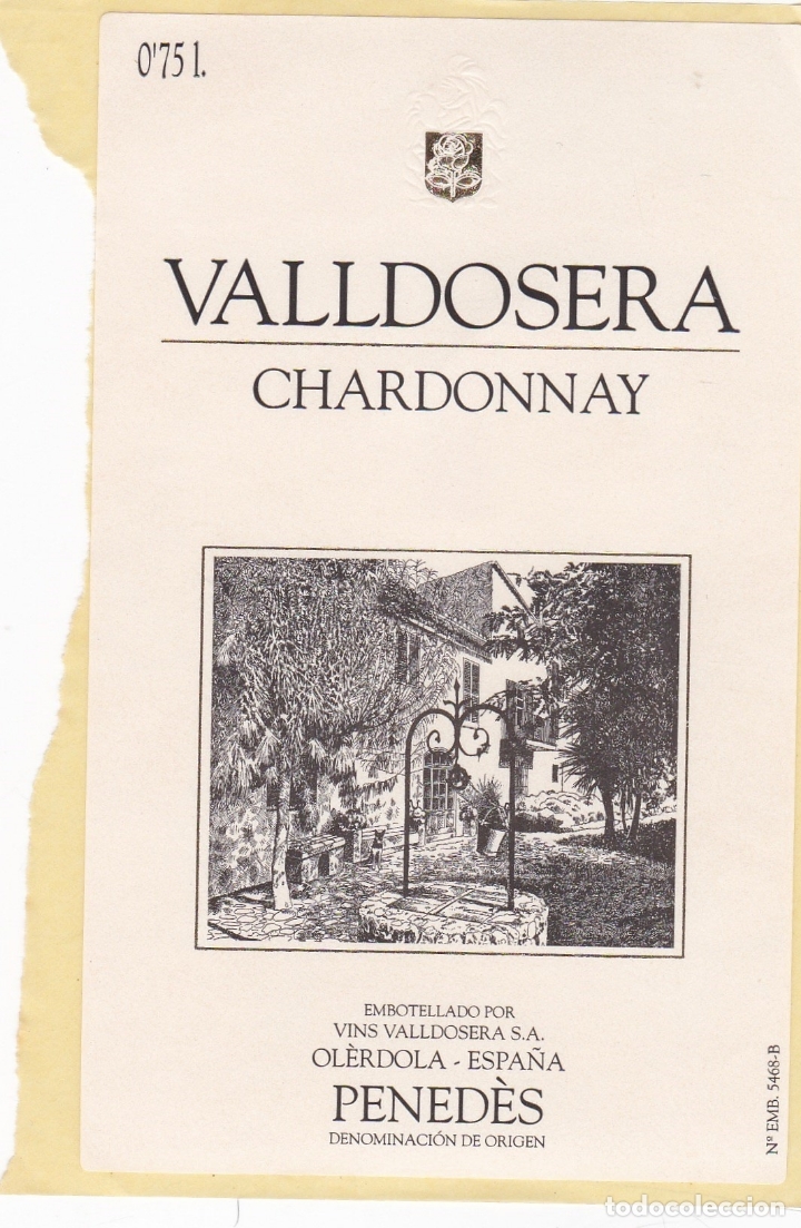Etichette antiche: Etiquetas vinos. Valldosera. Chardonnay. Vins Valldosera S.A. Ol&eacute;rdola. Espa&ntilde;a