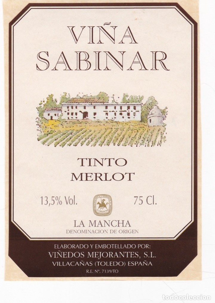 Etichette antiche: Etiquetas vinos. Vi&ntilde;a Sabinar. Tinto Merlot. Vi&ntilde;edos Mejorantes S.L. Toledo. Espa&ntilde;a