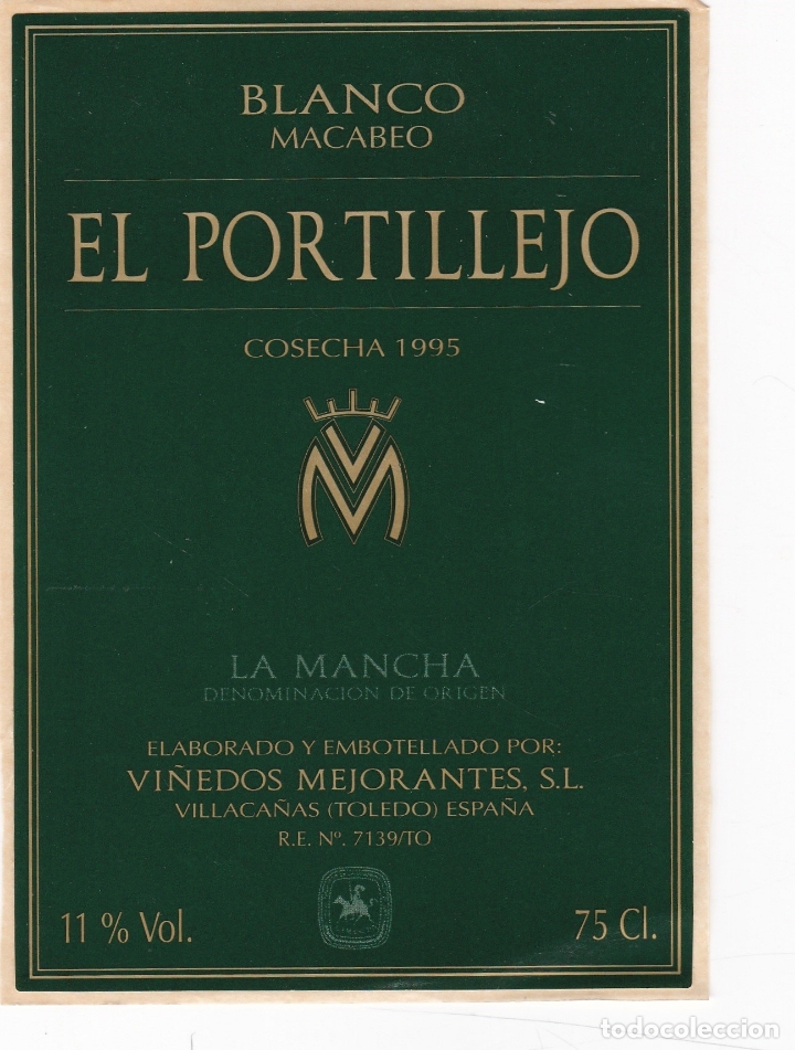 Alte Etiketten: Etiquetas vinos. El Portillejo. Blanco Macabeo 1995. Vi&ntilde;edos Mejorantes S.L. Toledo. Espa&ntilde;a