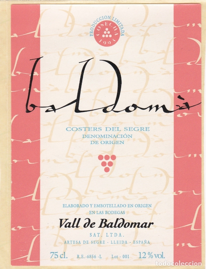Alte Etiketten: Etiquetas vinos. Baldom&aacute;. Bodegas Vall de Baldomar. Costers del Segre. Lleida. Espa&ntilde;a