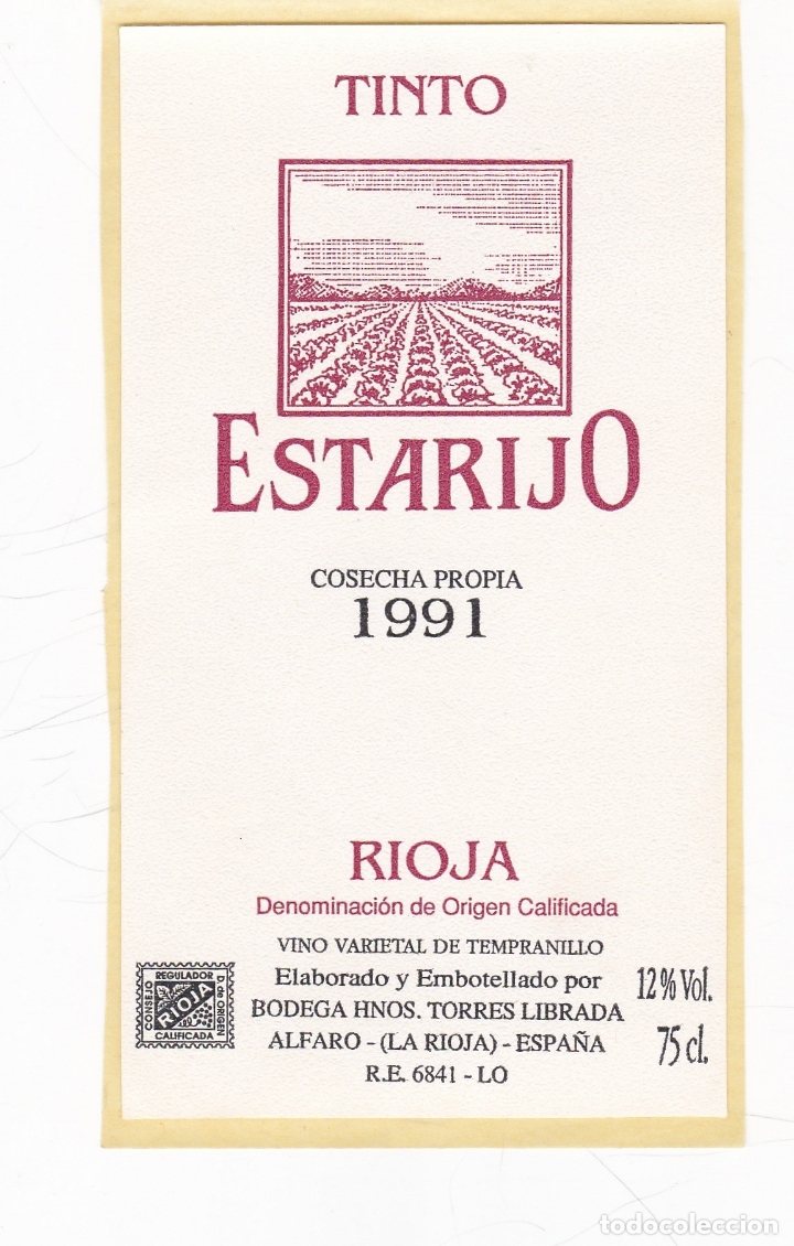 Etichette antiche: Etiquetas vinos. Estarijo. Tinto. Cosecha 1991. Bodegas Torres Librada. La Rioja. Espa&ntilde;a