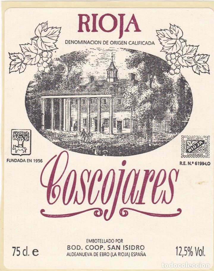 Etichette antiche: etiquetas vinos. Coscojares. Rioja. Bodegas Coop. San Isidro. La Rioja. Espa&ntilde;a