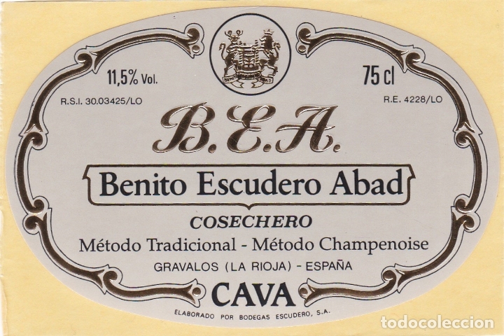 Alte Etiketten: Etiquetas vinos. Benito Escudero Abad. Cosechero. Cava. La Rioja. Espa&ntilde;a
