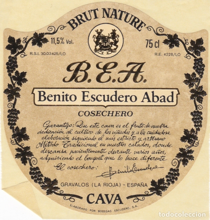 Alte Etiketten: Etiquetas vinos. Benito Escudero Abad. Cosechero. Cava. Brut Nature. La Rioja. Espa&ntilde;a