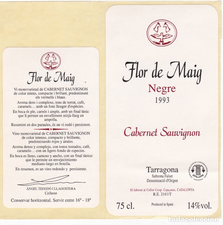 Alte Etiketten: Etiquetas vinos. Flor de Maig. Negre 1993. Cabernet Sauvignon. Coop. Cap&Ccedil;anes. Catalunya