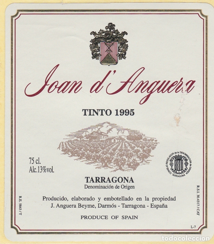 Alte Etiketten: Etiquetas vinos. Joan d&acute;Anguera. Tinto 1995. Tarragona. Espa&ntilde;a