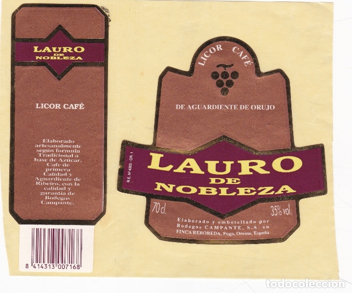 Alte Etiketten: Etiquetas vinos. Lauro de Nobleza. Licor caf&eacute;. Aguardientes de orujo. Bodegas Campante S.A. Orense