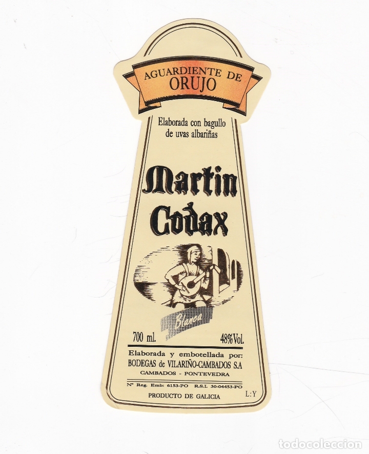 Alte Etiketten: etiquetas vinos. Martin Codax. Aguardiente de orujo blanca. Bodegas Vilari&ntilde;o-Cambados S.A. Galicia