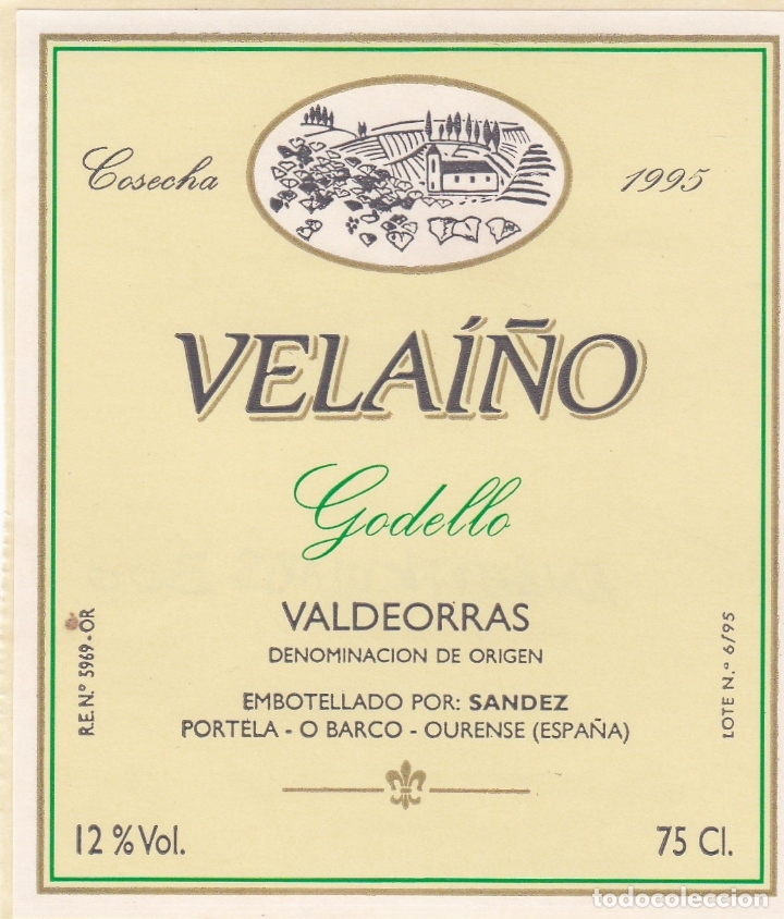 Alte Etiketten: Etiquetas vinos. Vela&iacute;&ntilde;o. Godello. Cosecha 1995. Bodegas Sandez. Ourense. Espa&ntilde;a