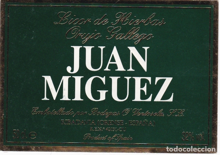 Alte Etiketten: Etiquetas vinos. Juan Miguez. Orujo de Galicia. Bodegas O&acute;Ventosela S.L. Orense. Espa&ntilde;a